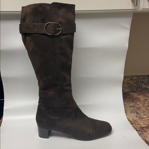 Pesaro Brown Suede Tall Chunky Heel Boot w Buckle - Picture 1 of 8